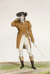 En Dandy klädd i en båtformad hatt, en dun-färgad jacka och byxor i buckskinn, tallrik 1 från serien 