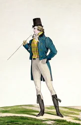 En Dandy i en Robinsonhatt, med barnsliga lockar, stickade byxor och ridstövlar, tallrik 5 i serien Incroyable et merveilleuse av modetallrikar, graverade av Georges Jacques Gatine (1773-1831)