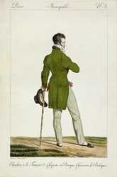 En Dandy med en "Francois I"-frisyr och en samling berlocker och prydnadssaker, tallrik 3 i "Incroyable et merveilleuses"-serien av modetallrikar, graverade av Georges Jacques Gatine (1773-1831) pub