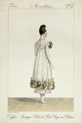 En dam med asiatisk frisyr i bollklänning med band, tavla 4 från serien "Incroyable et merveilleuse" av modeplåtar, graverad av Georges Jacques Gatine (1773-1831), publicerad 1