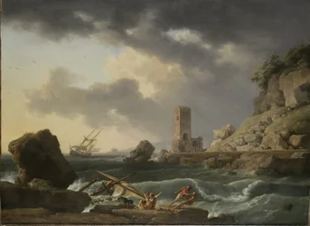 Klippigt kustlandskap med skeppsbrott, 1746