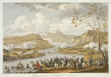 Slaget och korsningen av Tagliamento, 26 Ventose, år 5 (mars 1797) graverad av Jean Duplessi-Bertaux (1747-1819) (akvatint)