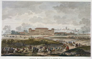 Slaget vid La Favorite, 25 Nivose, år 5 (januari 1797) graverad av Jean Duplessi-Bertaux (1747-1819) (akvatint)