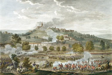 Slaget vid Montebello och Casteggio, 20 Prairial, år 8 (9 juni 1800) graverad av Jean Duplessi-Bertaux (1747-1819) (akvatint)