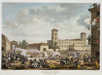 The Revolt of Pavia, 7 Prairial, år 4 (maj 1796) graverad av Jacques Joseph Coiny (1761-1809) (akvatint)