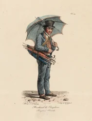 Paraply- och parasollsäljaren, nummer 23 från serien The Cries of Paris, graverad av Francois Seraphin Delpech (1778-1825)