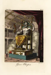 Staty av Zeus eller Jupiter i Olympia, gigantisk sittande figur av den grekiske skulptören Fidias omkring 435 f.Kr. i helgedomen i Olympia, Grekland