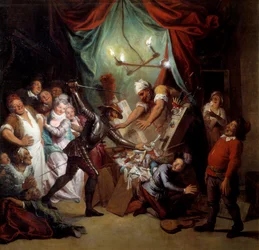 Don Quijote förstör dockorna som han tror är morer. ”Den snillrike riddaren Don Quijote av La Mancha” av Miguel de Cervantes Saavedra (1547-1616).