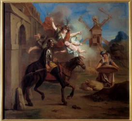 Don Quijote, driven av galenskap, lämnar sitt hus för att göra sig själv till en vandrande riddare. "Den geniale gentlemannen Don Quijote från La Mancha" av Miguel de Cervantes Saavedra (1547-1616). Målning av Charles Antoine Coypel (1694-1752), mellan 171