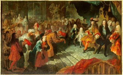 Kung Ludvig XIV (1638-1715) tar emot Persiens extraordinära ambassadör Mehemet Reza Bey (Raza-Bey) i glassgalleriet i Versailles den 19/02/1715 Målning tillskriven Antoine Coypel (1661-1722) sön. 0,7x1,5 m