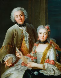 Porträtt av Francois de Jullienne stående bredvid sin fru, sittande, ca 1743