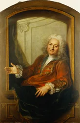 Porträtt av Monsieur Dupille, i mitten av kroppen, i en mantel som sitter på kanten av ett fönster, 1733