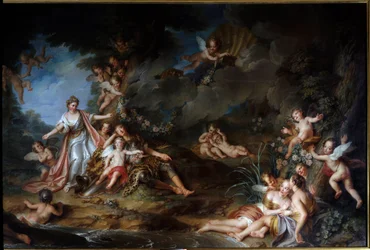 Den förtrollande Armide som vill knivhugga Renaud kommer att avstå till Love (även kallad "The Sleep of Renaud"). Illustration av en scen av "The Jerusalem Delivree" (La gerusalemme liberata) av Torquato Tasso (känd som Muggen). Målning av Charles Antoine 