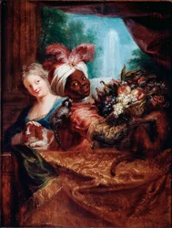 Ung flicka som klappar en hund och en svart tjänare som räcker fram en fruktkorg. En liten apa ligger på hennes axel. 28 x 21,5 cm, Paris, Musée du Louvre