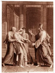 Ester inför Assuerus, illustration från Esther av Jean Racine (1639-99), graverad av Mathieu (gravyr) (svart/vitt foto)