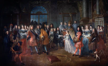 Vigsel mellan Louis de France, hertigen av Bourgogne och Marie Adelaide av Savojen den 7/12/1697. Ceremonin äger rum i närvaro av kung Ludvig XIV (1638-1715) i centrum. De unga som gifter sig välsignas av kardinal de Coislin. Målning av Antoine Dieu (166
