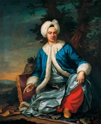 Porträtt av en europé i turkisk kostym - Målning av Antoine de Favray (1706-1791), olja på duk (146x119 cm), andra hälften av 1700-talet, fransk konst - Pera Museum, Istanbul (Turkiet)