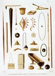 Hushållsredskap och vapen från Mariannasöarna, från Voyage autour du Monde (1817-20), av Louis Claude Desaulses de Freycinet (1779-1842), graverad av Jean Louis Denis Coutant (1776-1831), s