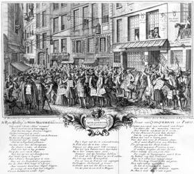 Investerare framför Banque Royales huvudkontor i Rue Quincampoix, Paris, 1720