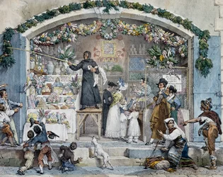 Befana i Rom, av Antoine-Jean-Baptiste Thomas (1791-1833), tryck. Italien