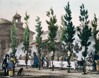Matfritöser på Pantheon under St Joseph-festen, gravyr av Antoine Jean-Baptiste Thomas (1791-1834) från Un an a Rome et dans ses environs (Ett år i Rom och i dess omgivningar), Frankrike