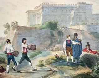 Playing ruzzica, av Antoine Jean-Baptiste Thomas (1791-1834), färglitografi från Ett år i Rom och dess omgivningar
