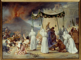 Procession från Saint January till Neapel under ett utbrott av Vesuvio (Vesuvio) Traditionell napoletisk fest i San Gennaro under ett vulkanutbrott. Målning av Antoine Thomas (1791-1834) 1822 Sön. 0,95x1,28 m