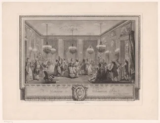 Marie Antoinette: Modedrottningen: Bal hemma hos Monsieur de Villemorien Balsal med dansande par Le Bal Pare (titel på objekt)