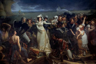 Ombordstigning av Marie Therese av Frankrike, hertiginnan av Angouleme kallad Madame Royale (1778-1851) i Pauillac den 2/04/1815 för England Målning av Antoine Jean Gros (1771-1835). 1818 Sön. 3,26x2,04 m Bordeaux, musee des Beaux Arts