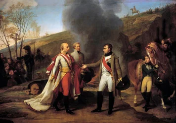 Intervju av Napoleon I (1769-1821) och Francois II (1768-1835) i Sarutschitz i Mähren efter slaget vid Austerlitz, 1805-04-12 Lämnad bakom Francois II, Johannes I av Liechtenstein (1760-1836). Målning av Antoine Jean Gros (1771-1835). 1800-talet. Dämpa.