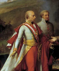 Intervju av Napoleon I (1769-1821) och Francois II vid Sarutschitz i Mähren efter slaget vid Austerlitz, 1805-04-12 Detalj som representerar Francois II av Österrike (1768-1835) (vänster) och Johannes I av Liechtenstein (1760-1836) ) (höger). Målning av An