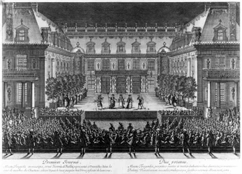 Representation, på marmorgården till slottet i Versailles, av "Alceste" av Jean Baptiste Lully (Giovanni Battista Lulli) (1632-1687) för firandet som hölls i samband med återupplivandet av Franche Comte (1674). Gravyr av Le Pautre (16