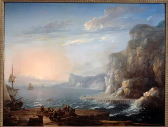 Solnedgång Ett landskap av klippor och klippor på havet, med fiskare i förgrunden. Målning av Antoine Lebel (1705-1793) 1700-talets sön. 0,9x1,16 m Rouen, musee des Beaux Arts