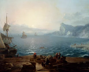 Solnedgång Ett landskap av klippor och klippor på havet, med fiskare i förgrunden. Detalj. Målning av Antoine Lebel (1705-1793) 1700-talets sön. 0,9x1,16 m Rouen, musee des Beaux Arts