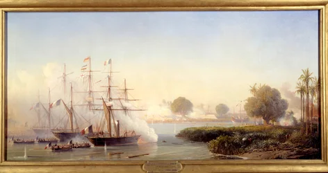 Avsnitt av expeditionen av Cochinchine: "" Fångst av citadellet i Saigon av viceamiral Rigault de Genouilly som befaller den fransk-spanska expeditionsstyrkan 17/02/1859”” Målning av Antoine Leon Morel Fatio (1810-1871) 1859 sön. 0,83x1,82 m