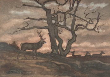 Rådjur och träd mot solnedgången, 1810-75.