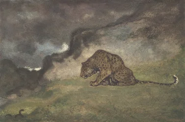 Leopard tittar på orm, 1810-75.