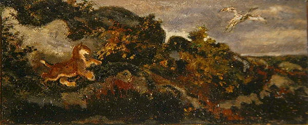 Panther Chasing a Stork (olja på papper monterad på masonit)
