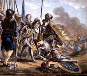 Carcados död, graverad av Jean Baptiste Morret (fl. 1790-1820) 1788 (färgad gravyr)