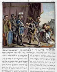 Montmorency presenteras för Philip Augustus (1165-1223) efter slaget vid Bouvines, graverad av Jean Baptiste Morret (fl. 1790-1820)
