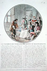 Viscounten av Turenne (1611-75) överlämnas till kung Filip IV (1605-65) av Spanien, graverad av L. Roger