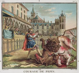 The Courage of Pepin (714-68), graverad av Jean Baptiste Morret (fl. 1790-1820) 1789 (färgad gravyr)