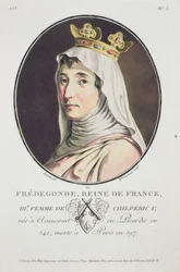 Fredegonde, frankernas drottning, från porträtt av stora män, lysande kvinnor och minnesvärda ämnen i Frankrike, graverade och tryckta i färger, utgiven av Pierre Blin, 1786-92, Paris (färgad och