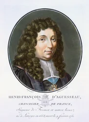Henri-Francois dAguesseau, från Portraits of Great Men, Illustrious Women, and Memorable Subjects of France, graverad och tryckt i färger, utgiven av Pierre Blin, 1786-92, Paris (färggravyr