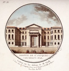 Hospice de Saint Jacques Du Haut Pas byggt enligt ritningarna från Vieilb, nu Cochin Hospital, Paris. I prittoresque utsikt över huvudbyggnaderna i Paris av sergeant
