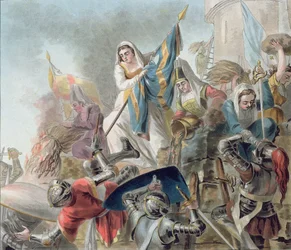 Jeanne Laisne höjer en standard mot männen i Bourgogne, graverad av Morret (fl. 1790-1820) 1787