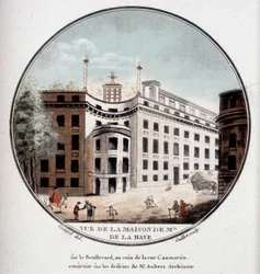 Utsikt över Monsieur de La Hayes hus i hörnet av Rue Caumartin, Paris, byggt efter ritningar av arkitekten Aubert. I pittoresque utsikt över huvudbyggnaderna i Paris av sergeant