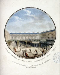 Utsikt över trädgården på Palais Royal - i "" Pittoreska vyer över huvudbyggnaderna i Paris"" av sergeant