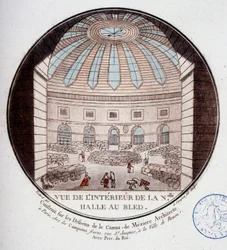 Vy över interiören av den nya saluhallen byggd av Le Camus de Mézières mellan 1763 och 1766, idag börsen i Paris. I prittoresque utsikt över huvudbyggnaderna i Paris av sergeant