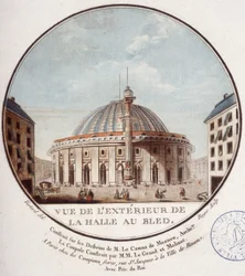 Utsikt över utsidan av vetemarknaden, Paris byggt av Le Camus de Mézières mellan 1763 och 1766, idag börsen i Paris. I prittoresque utsikt över huvudbyggnaderna i Paris av sergeant
